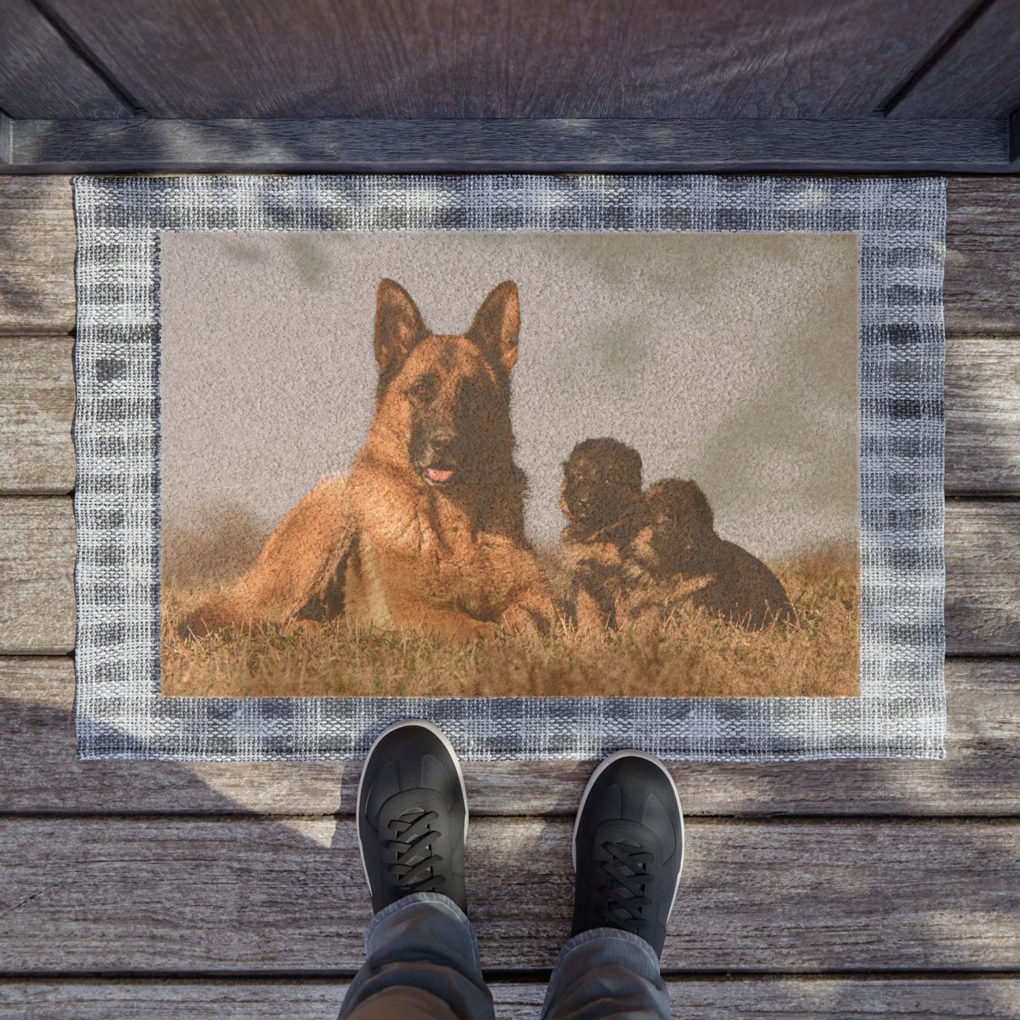 Personalized Dog Family Doormat - German Shepherd and Two Puppies Resting on Vast Field