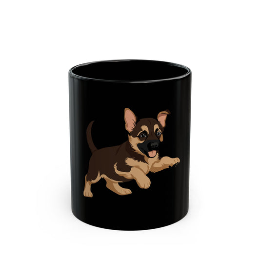 Black Ceramic Dog Lover Mug With a Graphic of Cute Playing German Shepherd Puppy