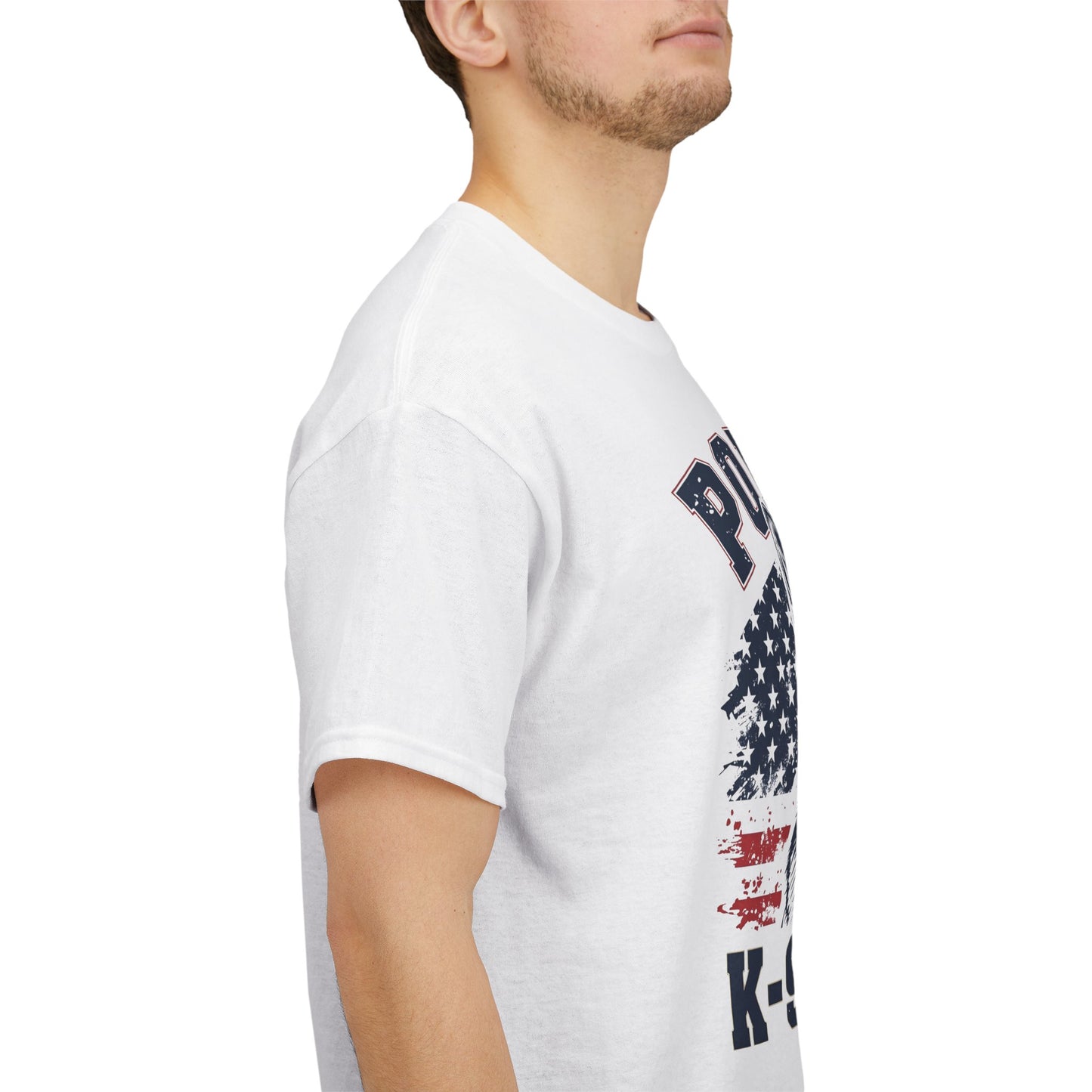 Patriotic Police K-9 Unit T-Shirt With American Flag in Background, Unisex Heavy Cotton Tee