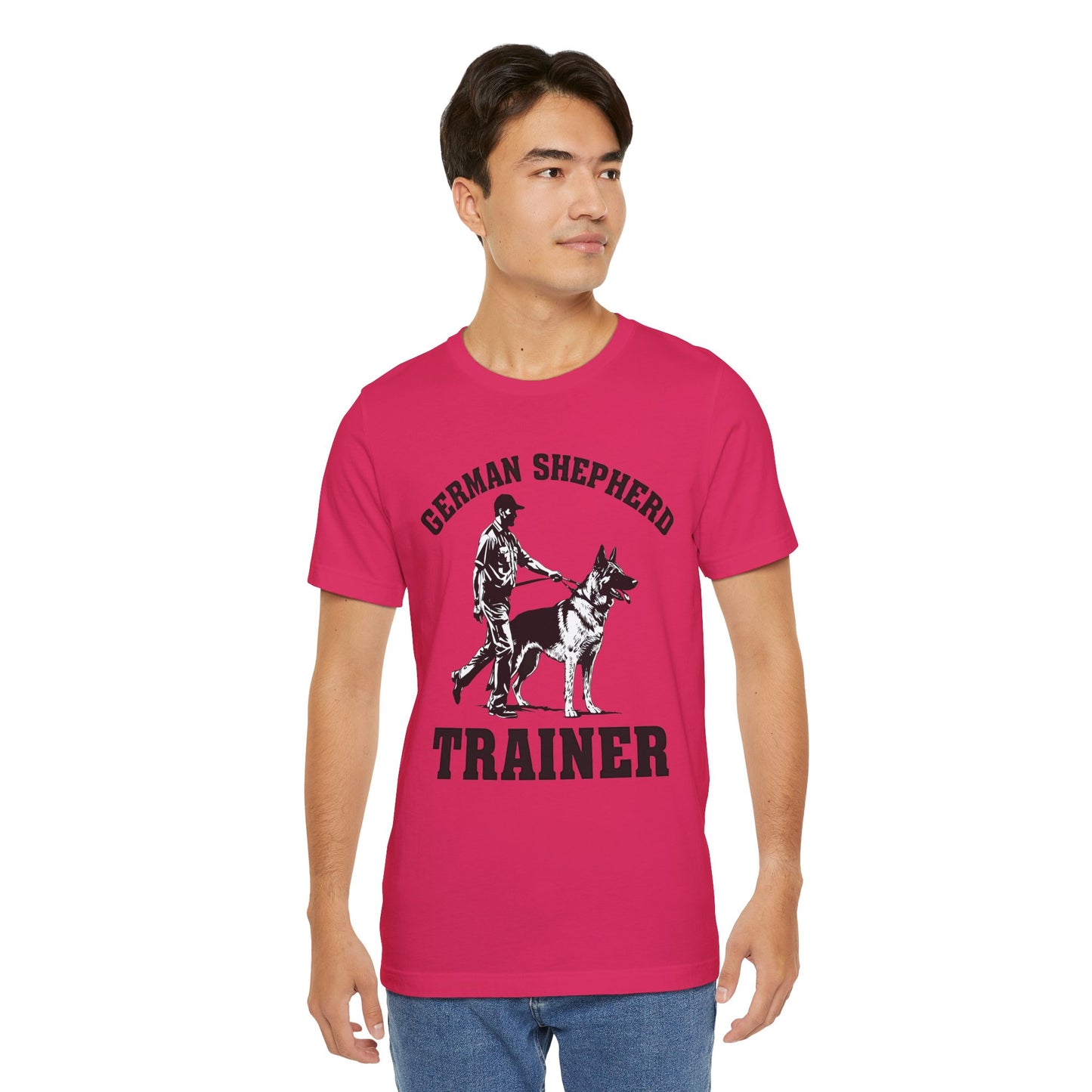 German Shepherd Trainer Tee - Black and White Design of Man Holding a German Shepherd