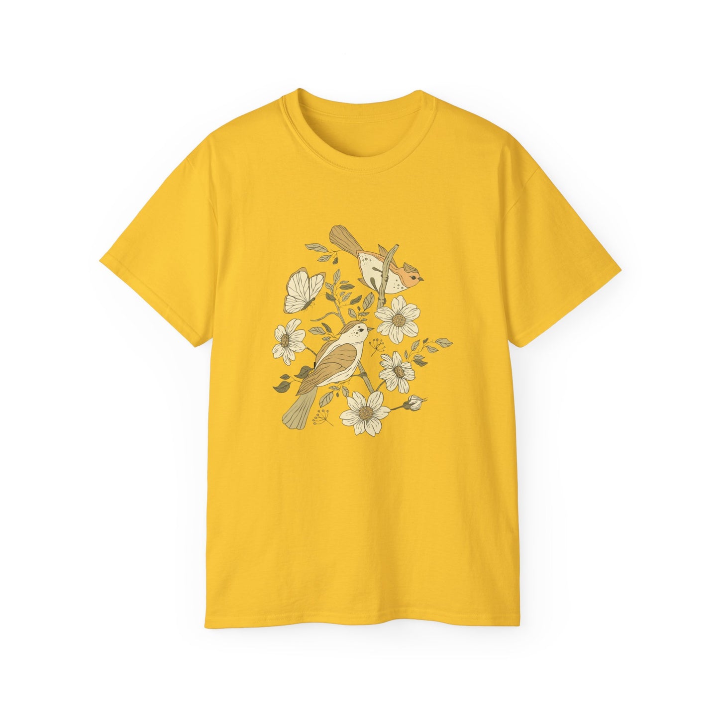 Nature-Inspired Unisex Tee, Floral Bird Print T-Shirt, Gift for Nature Lovers, Spring Fashion, Eco-Friendly Casual Wear