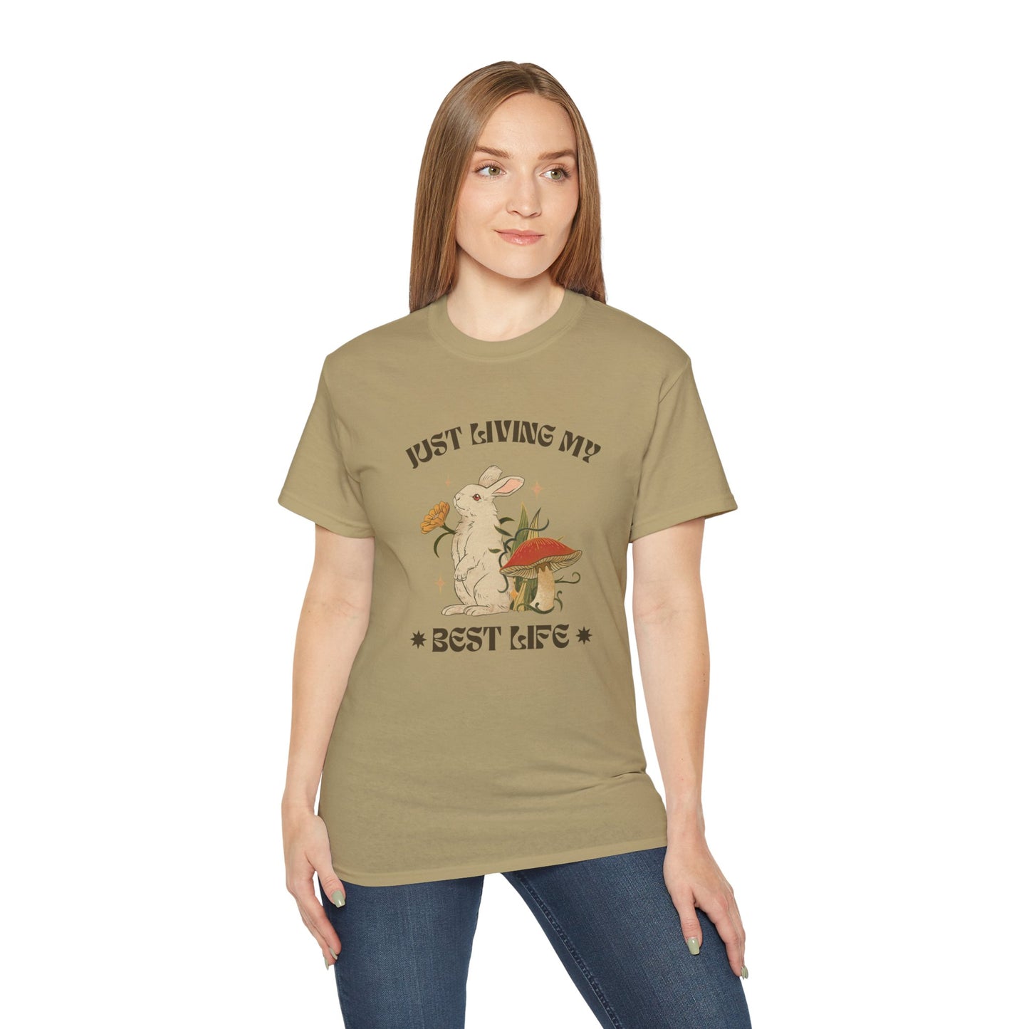 Unisex Ultra Cotton Tee - Just Living My Best Life Bunny Design, Cute Rabbit Shirt, Gift for Animal Lovers, Spring Fashion