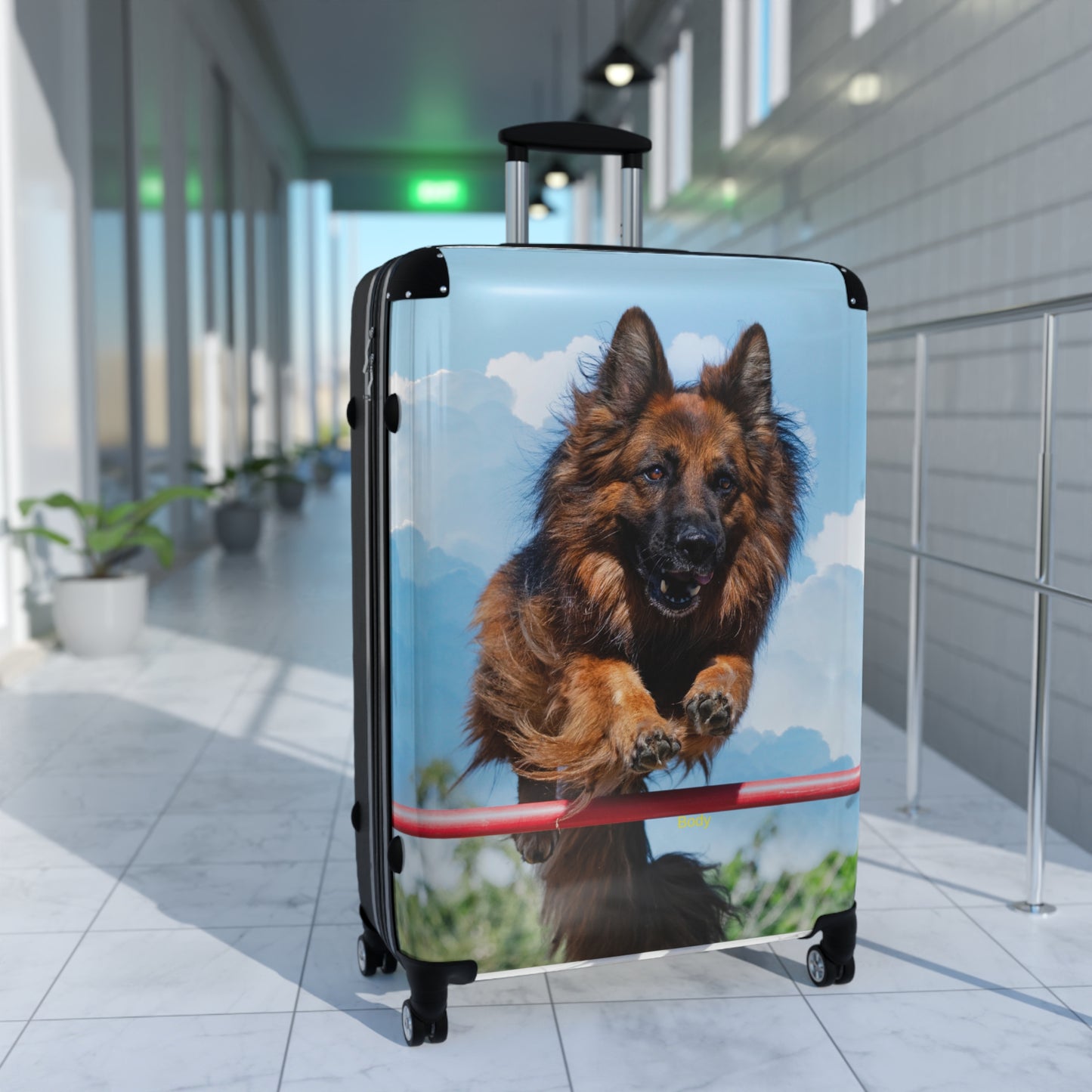 Dog Lover's Travel Suitcase Featuring a German Shepherd in the Air While Jumping An Agility Fence