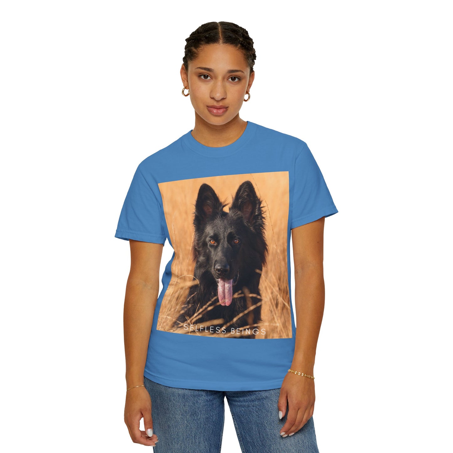 Unisex Dog Lover T-Shirt With Solid Black German Shepherd in the Middle of Long Dry Grass Leaving Tongue and Caption Selfless Beings