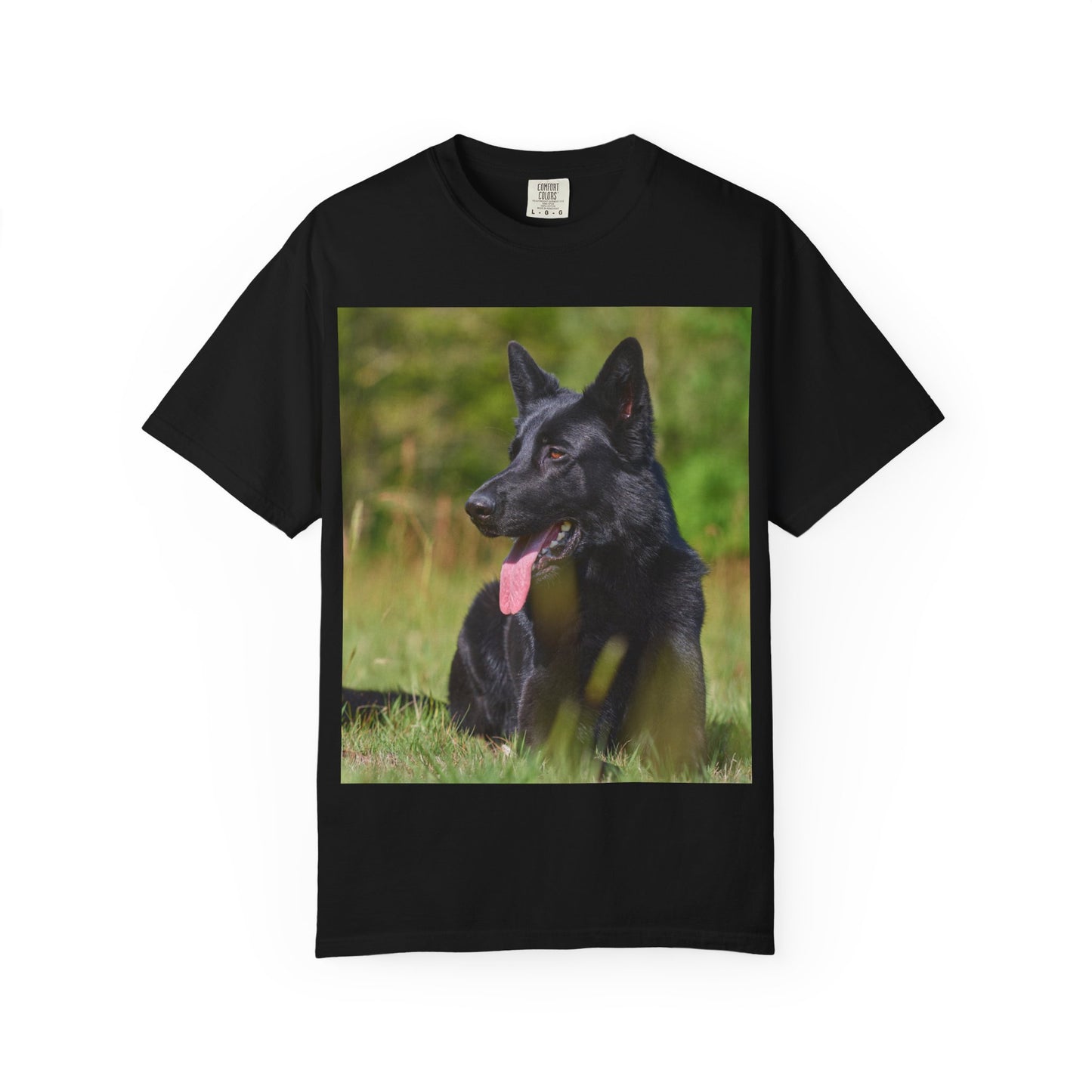 Unisex Garment-Dyed T-Shirt Featuring a Black German Shepherd Resting on Grass Looking Sideways