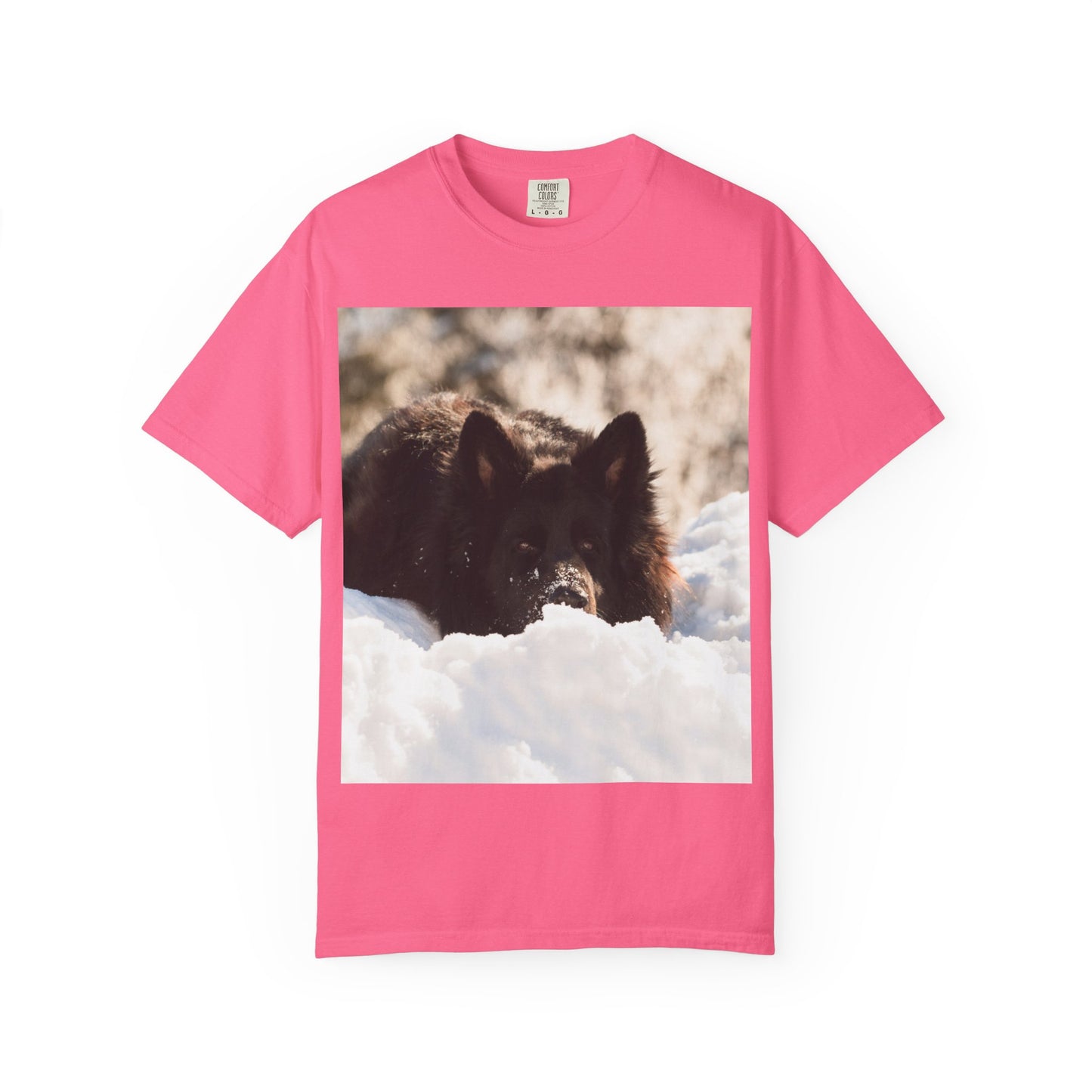 Unisex Dog Lover T-Shirt Featuring a Giant Black German Shepherd Resting on the Snow
