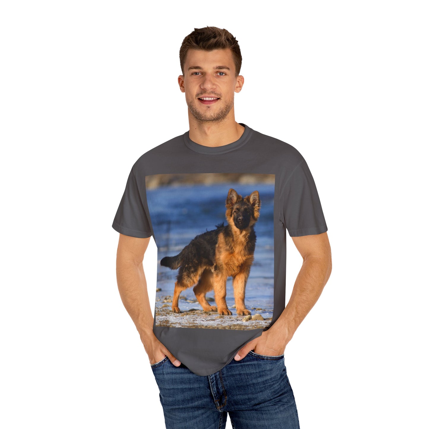 Unisex Dog Lover T-Shirt Featuring Beautiful German Shepherd Puppy Standing at the Sea Shore