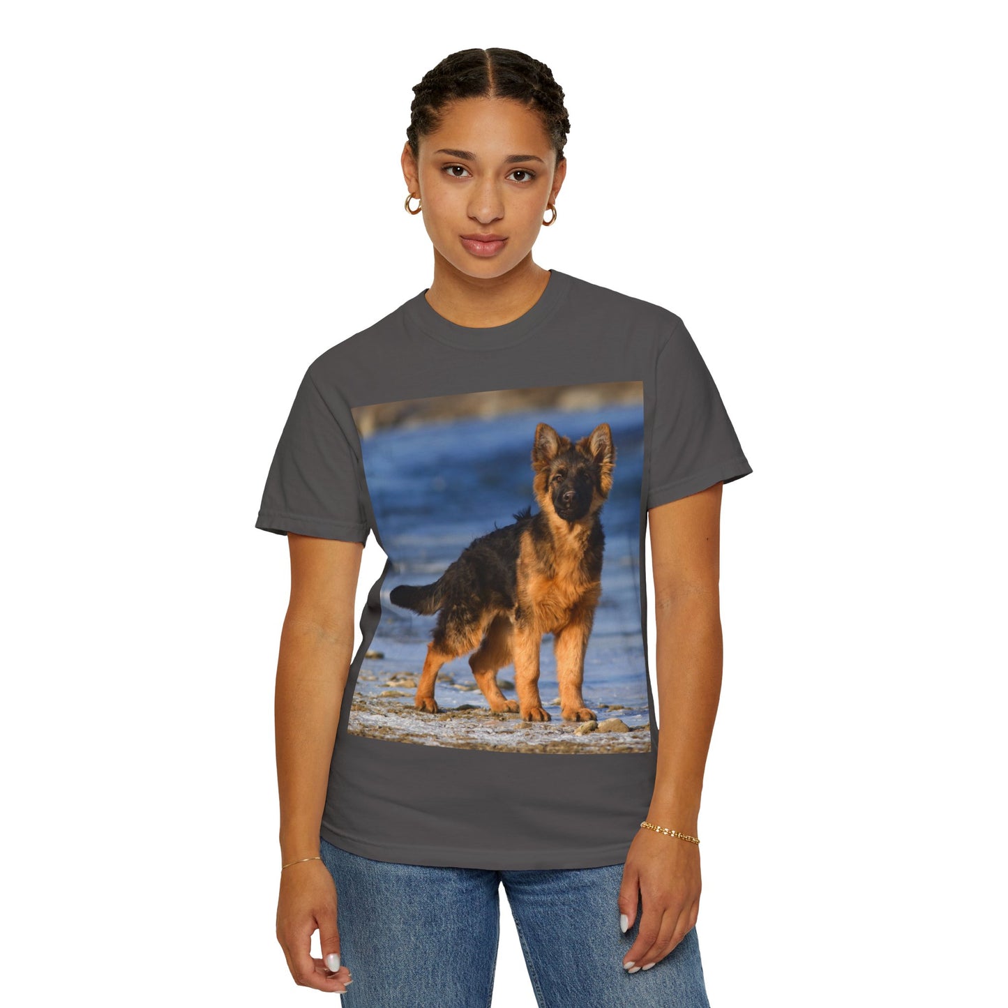 Unisex Dog Lover T-Shirt Featuring Beautiful German Shepherd Puppy Standing at the Sea Shore