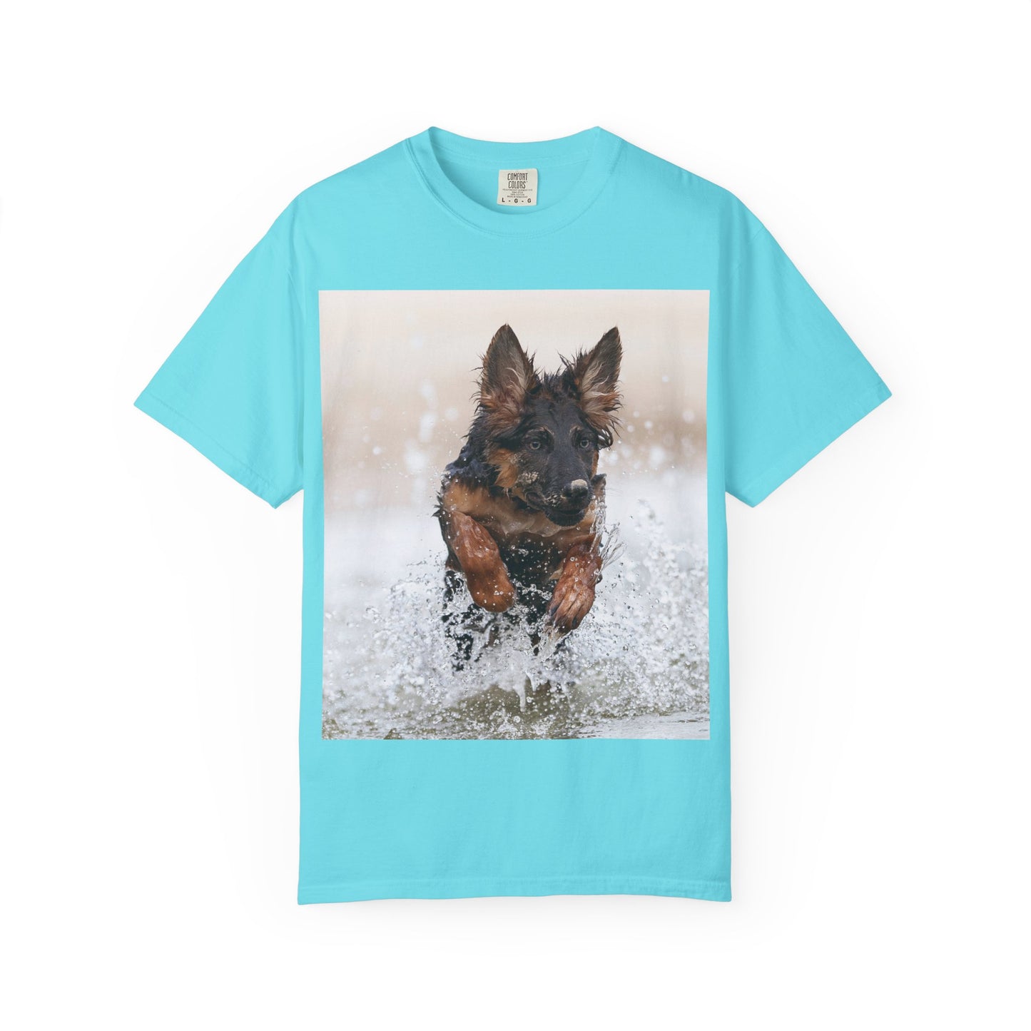 Unisex Dog Lover T-Shirt Featuring a German Shepherd Puppy Jumping In The Water