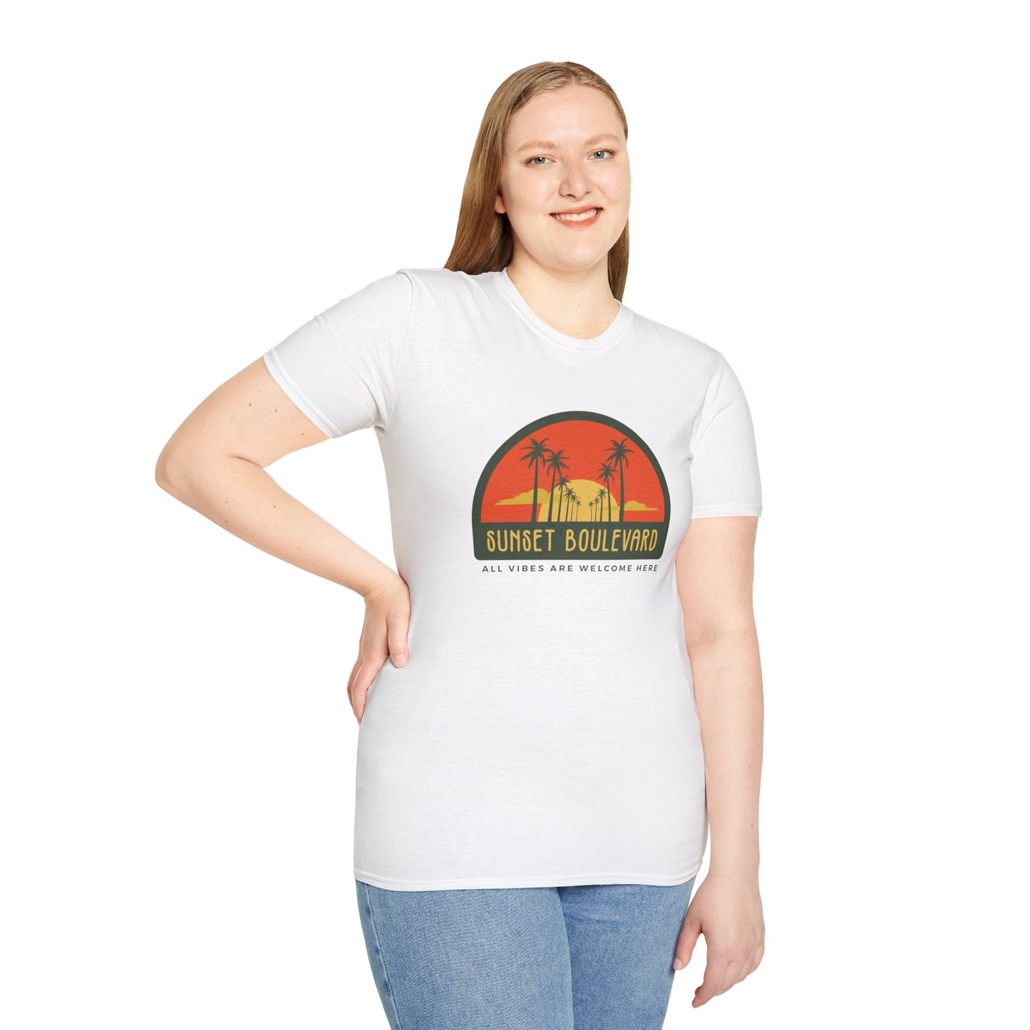 Sunset Boulevard Unisex Softstyle T-Shirt, Retro Beach Tee, Vacation Shirt, Summer Apparel, Travel Gift