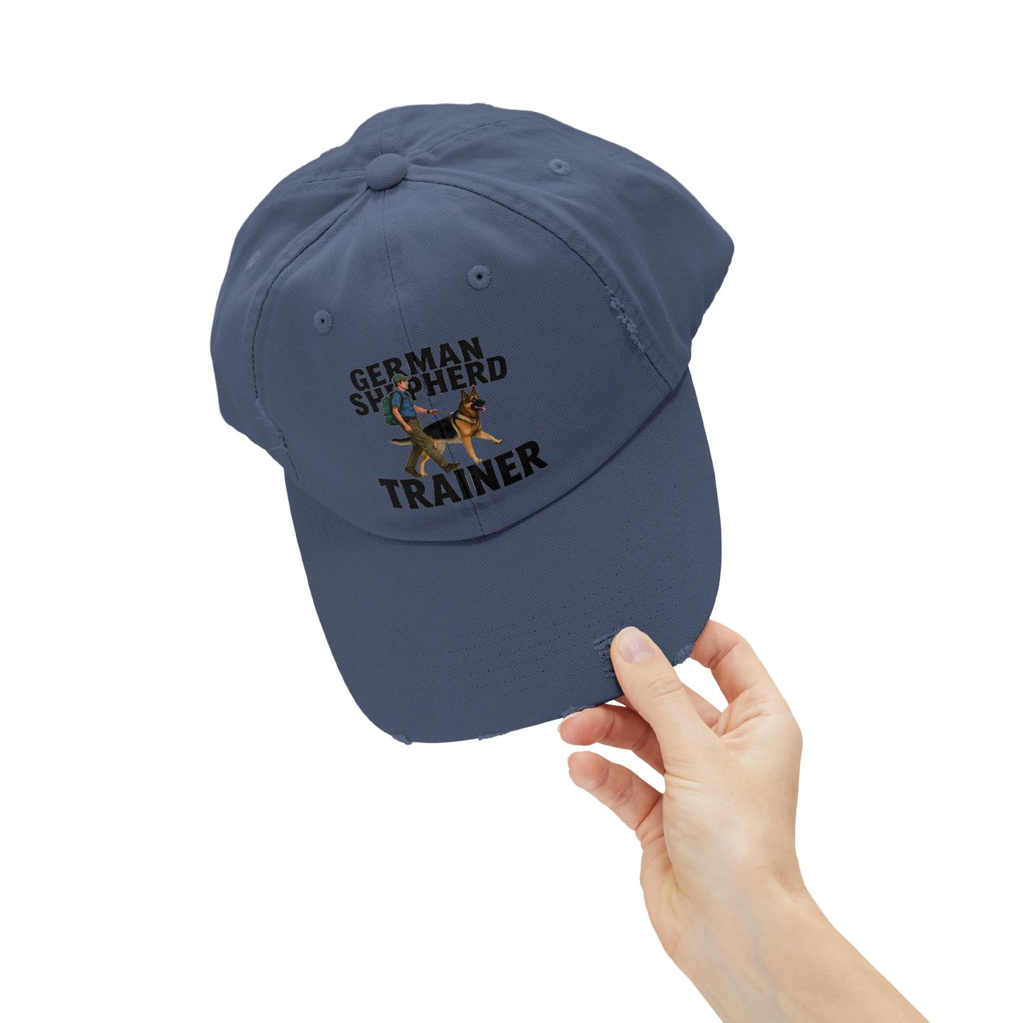 Unisex Distressed Cap Featuring a Trainer Leading German Shepherd, Dog Trainer Gift