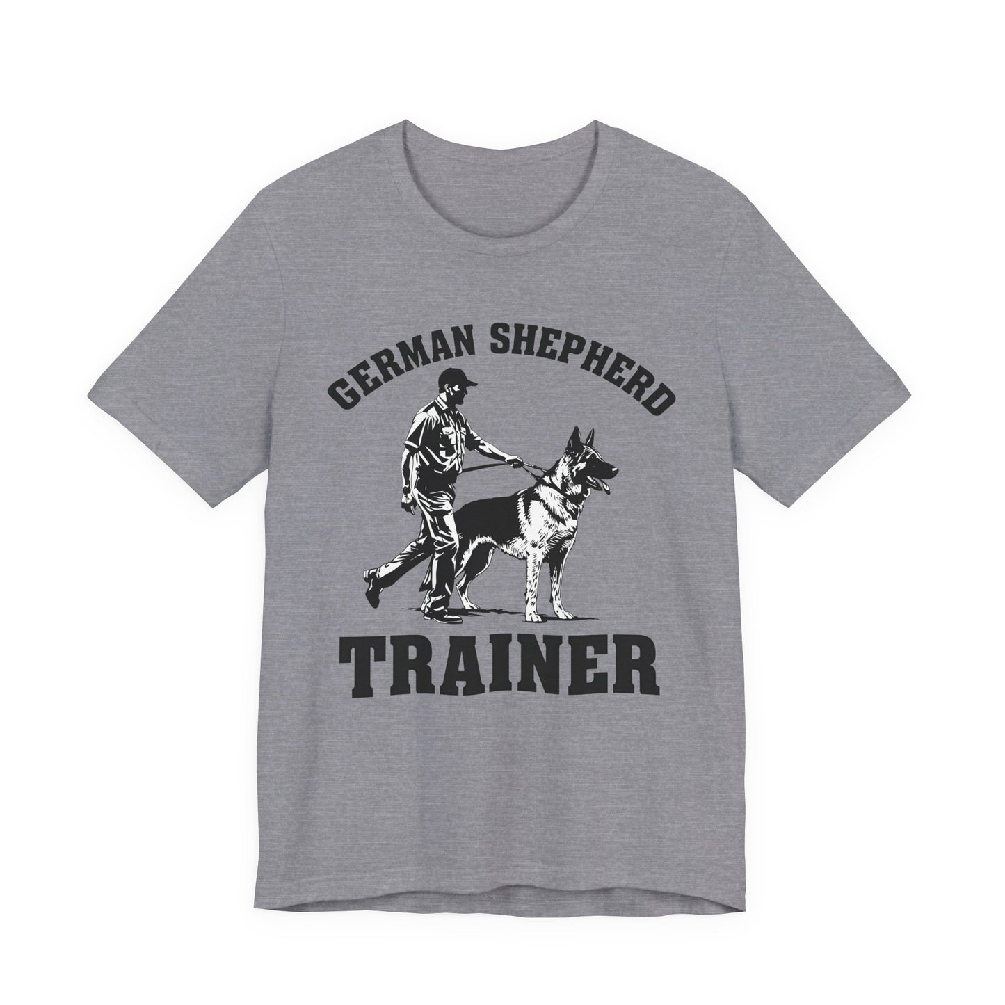 German Shepherd Trainer Tee - Black and White Design of Man Holding a German Shepherd