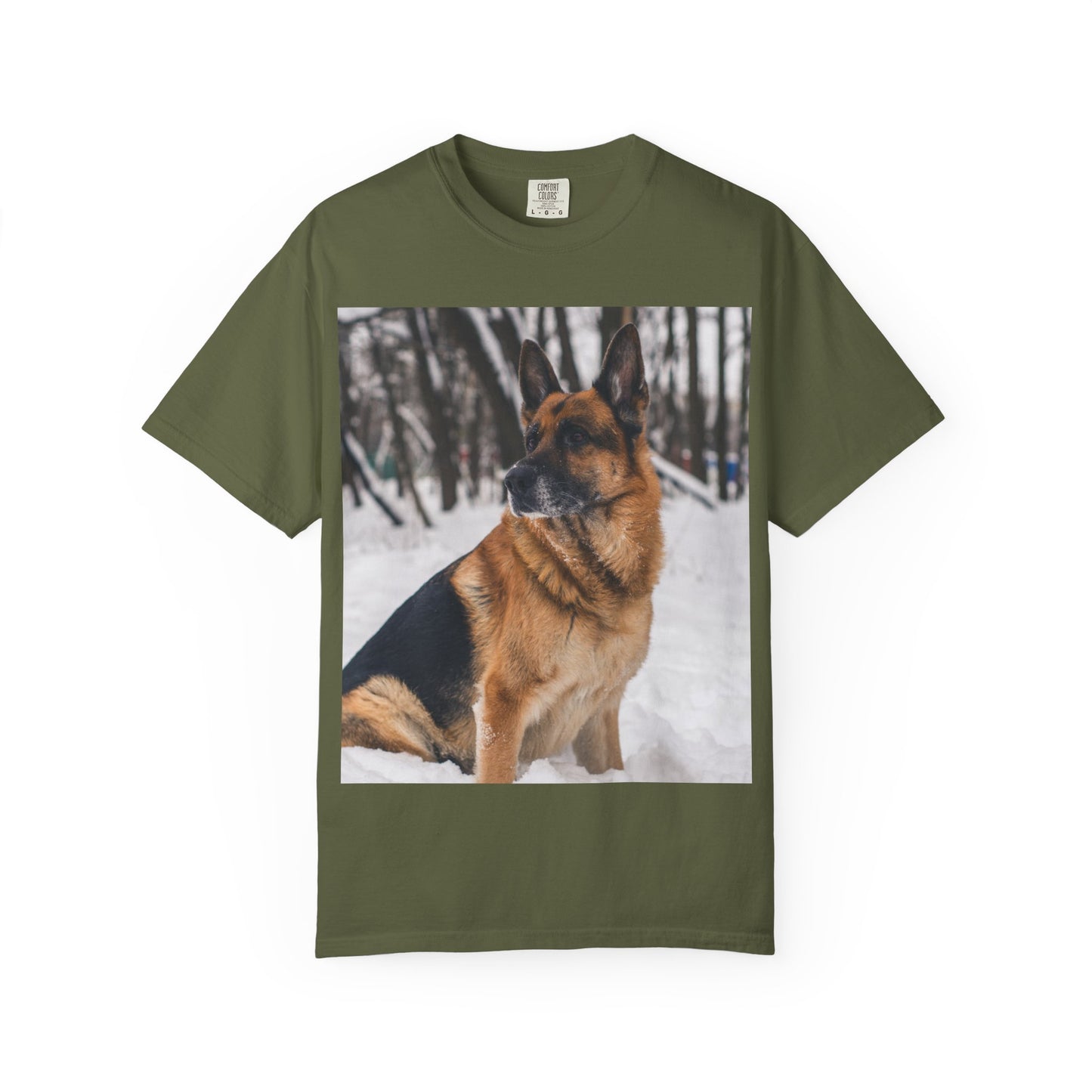 Unisex Dog Lovers T-Shirt Featuring a Beautiful German Shepherd Sloppily Sitting on the Snow