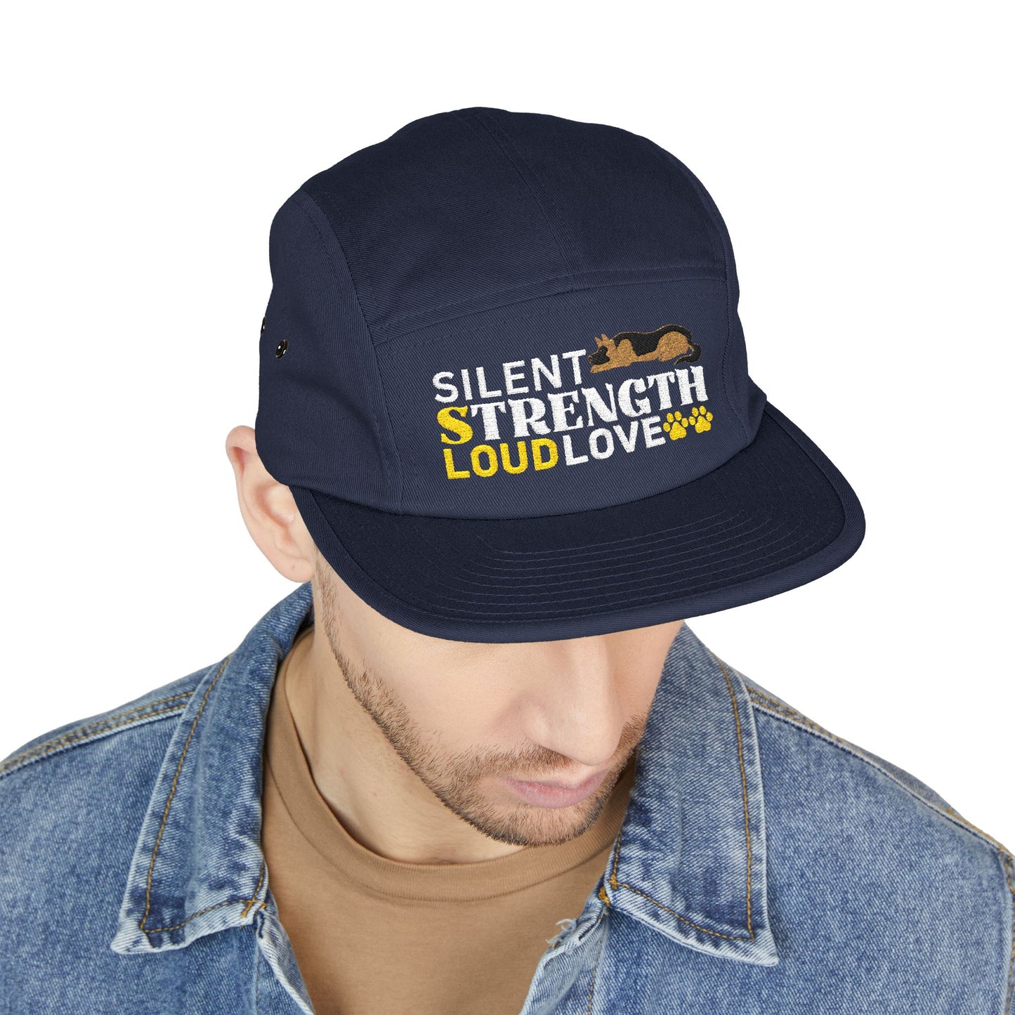 5 Panel Embroidered German Shepherd Cap - Silent Strength, Loud Love