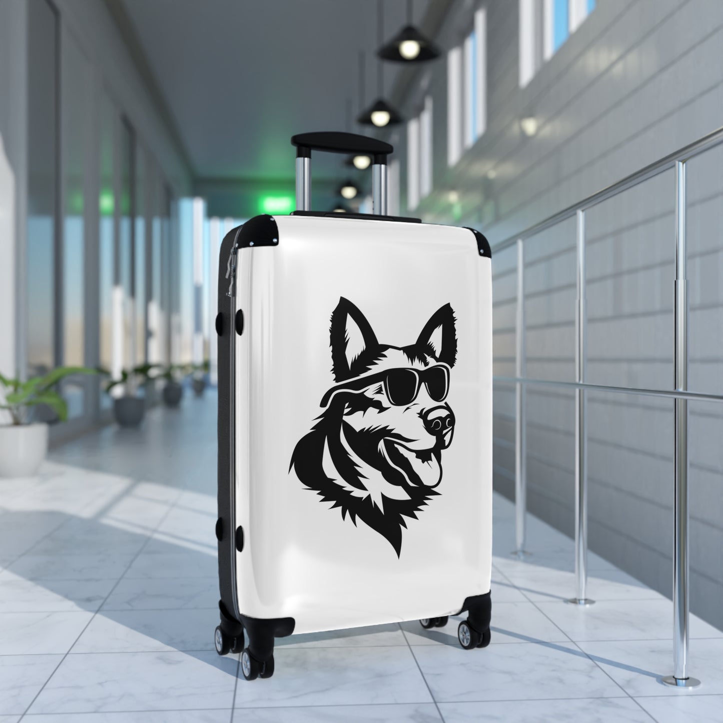 Dog Lovers Suitcase Featuring Graphic of  German Shepherd Wearing Black Glasses