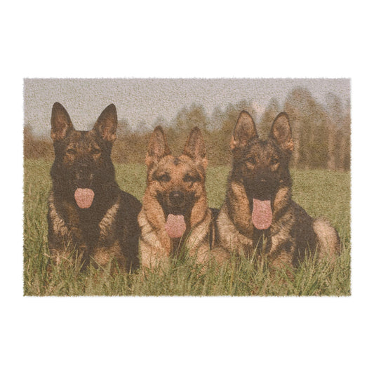 Dog Lovers Doormat Featuring Three Giant Working Line German Shepherd Sitting in a Row