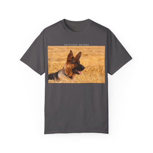 Unisex Dog Lover T-Shirt With a German Shepherd Relaxing on the Long Dry Grass and Caption Selfless Beings