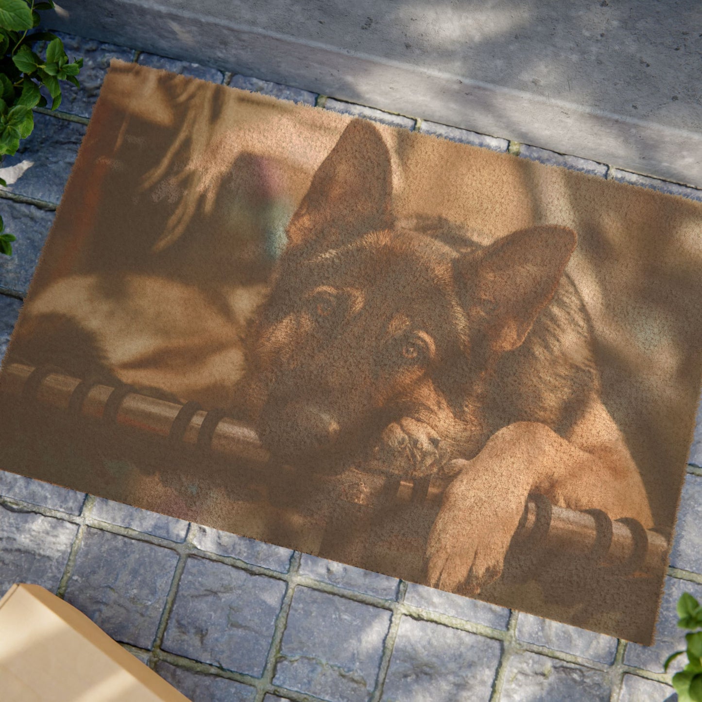Dog Lover Doormat Featuring a Sable German Shepherd Resting on Outdoor Bed