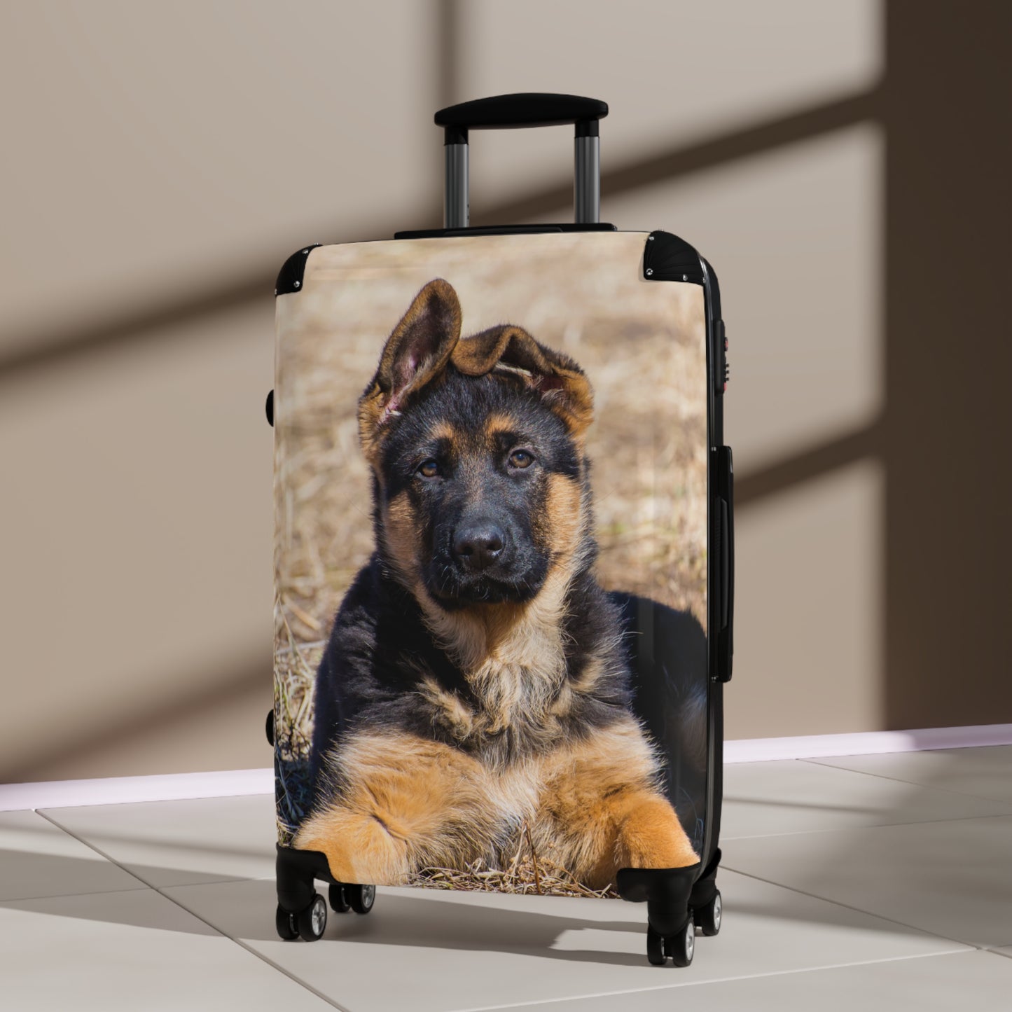 Dog Lovers Suitcase Featuring a Gorgeous German Shepherd Puppy Resting on Dry Grass