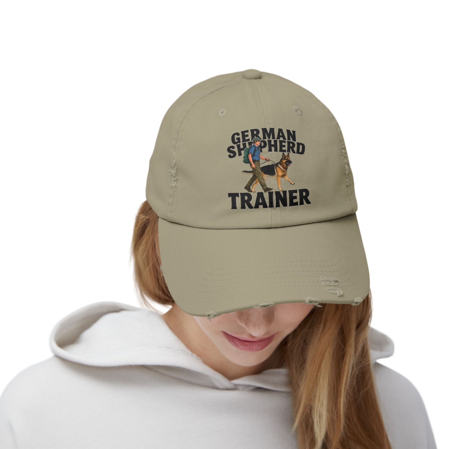 Unisex Distressed Cap Featuring a Trainer Leading German Shepherd, Dog Trainer Gift