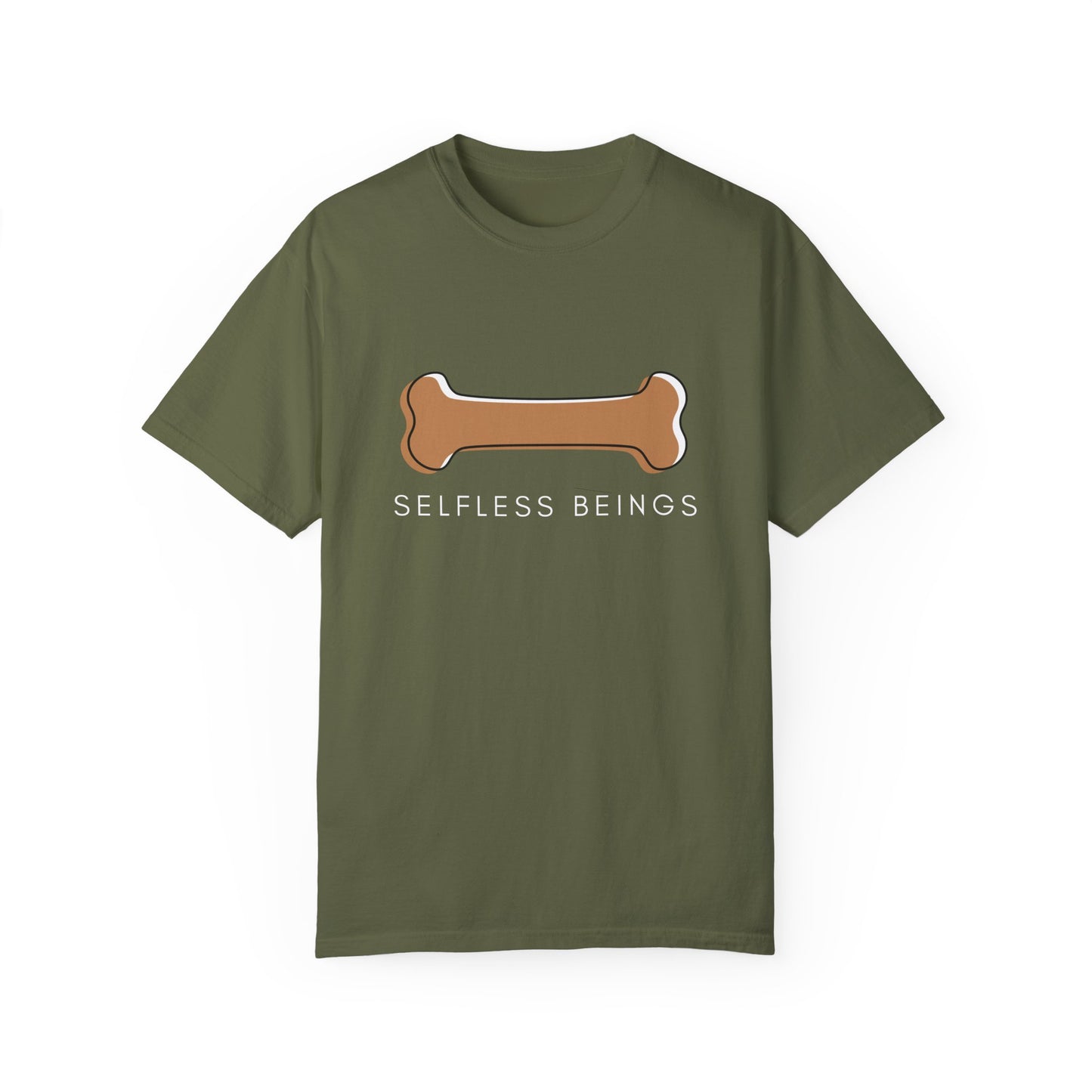 Unisex Dog Lover T-shirt With Graphic of a Dog Bone and Caption Selfless Beings