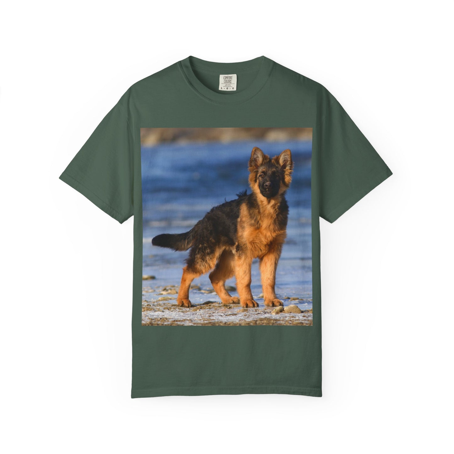 Unisex Dog Lover T-Shirt Featuring Beautiful German Shepherd Puppy Standing at the Sea Shore