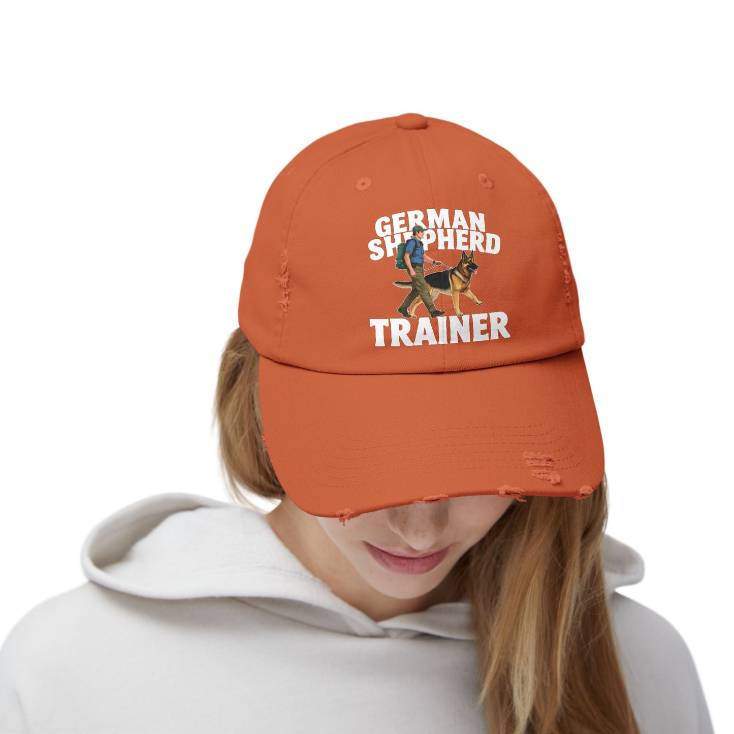 Unisex Distressed Cap Featuring a Trainer Leading German Shepherd, Dog Trainer Gift