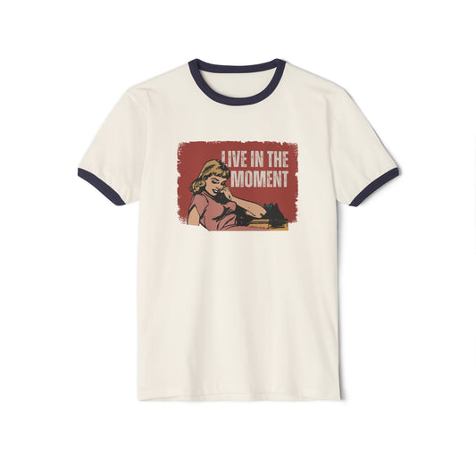 Live in the Moment Unisex Cotton Ringer T-Shirt, Retro Graphic Tee, Casual Wear, Gift for Her, Motivational Trendy Top