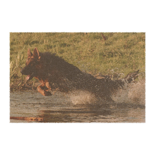 Pet Lovers Doormat Featuring a German Shepherd Jumping in the Water
