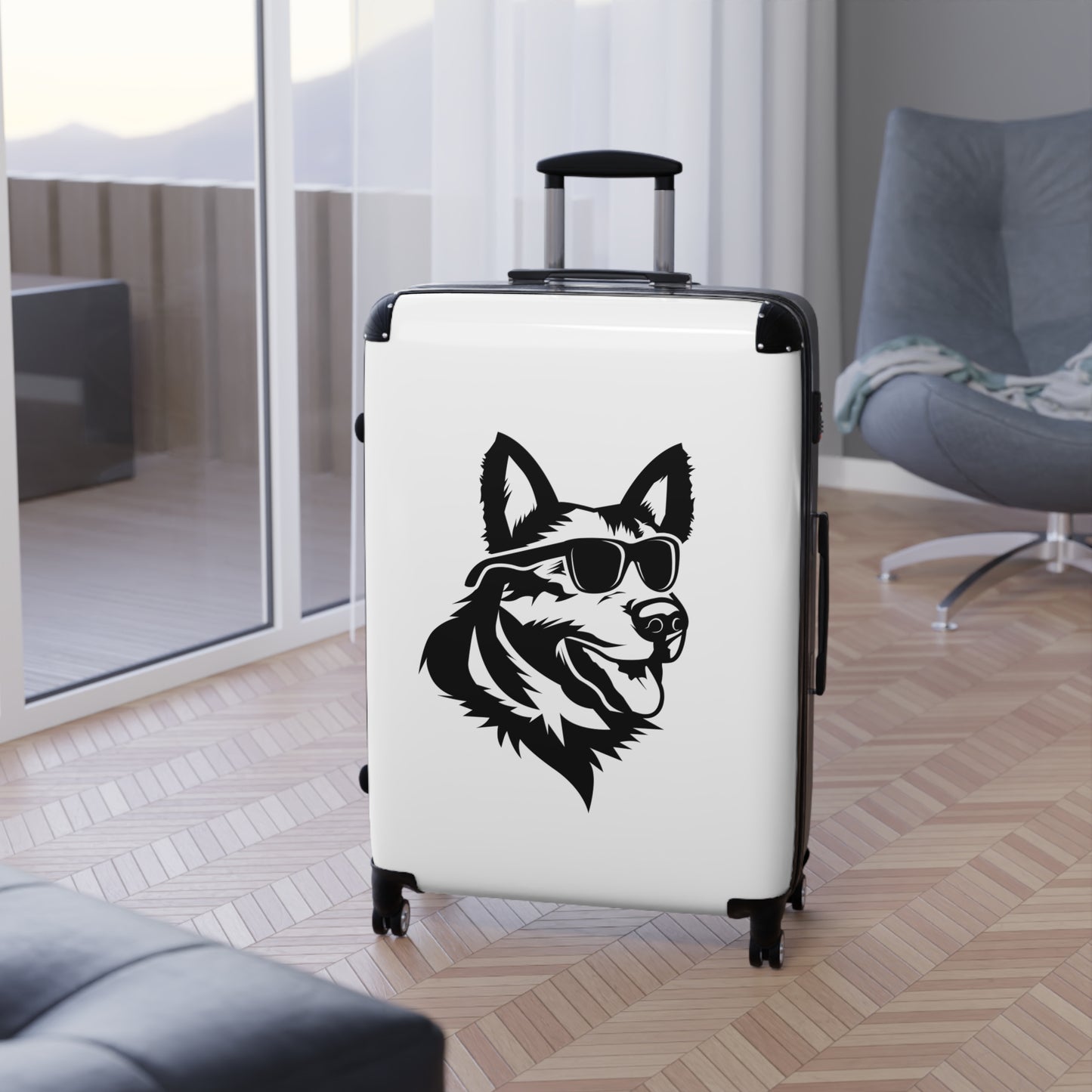 Dog Lovers Suitcase Featuring Graphic of  German Shepherd Wearing Black Glasses