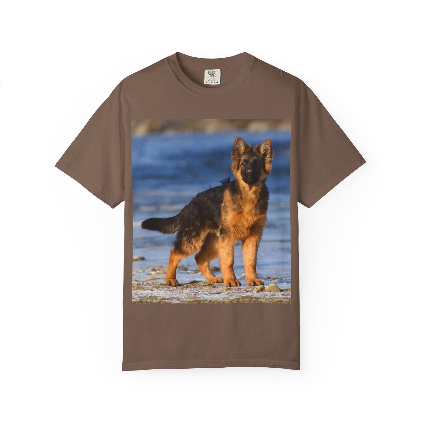 Unisex Dog Lover T-Shirt Featuring Beautiful German Shepherd Puppy Standing at the Sea Shore