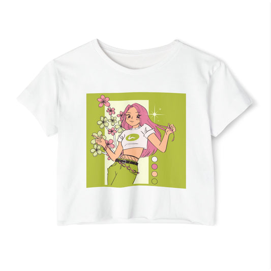 Bohemian Women's Festival Crop Top Featuring  a Modern Girl With Long Pink Hair | Summer Style Top, Graphic Tee, Boho Chic Shirt, Music Festival Outfit