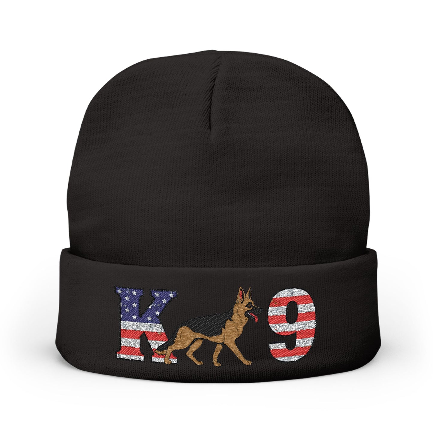 Embroidered K9 American Flag Beanie Featuring a German Shepherd | Patriotic Knit Hat, Memorial Day Cap