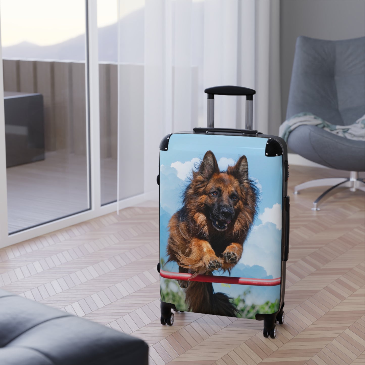 Dog Lover's Travel Suitcase Featuring a German Shepherd in the Air While Jumping An Agility Fence