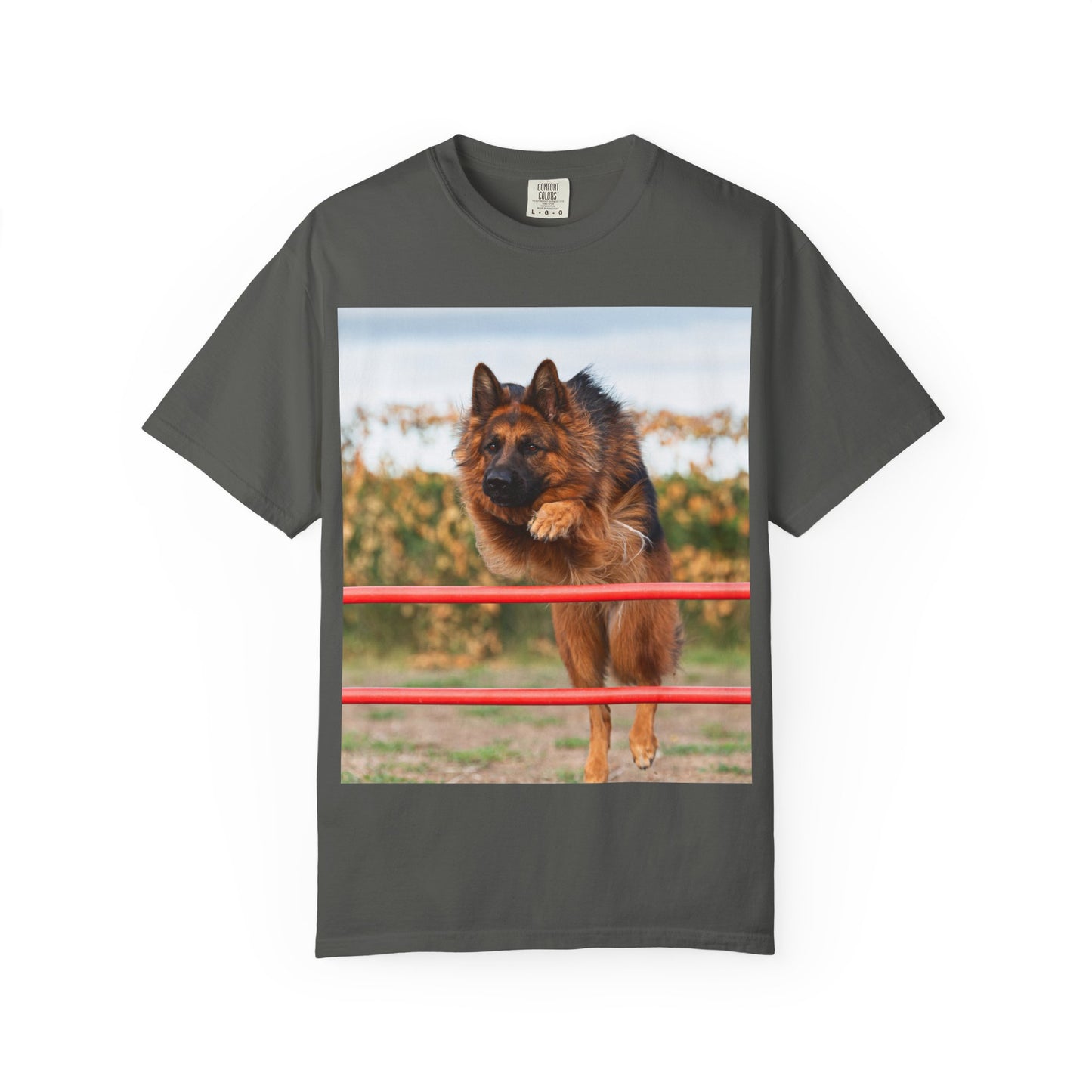 Dog Lover Unisex T-Shirt  Featuring Photograph of Showline German Shepherd Jumping Agility Fence