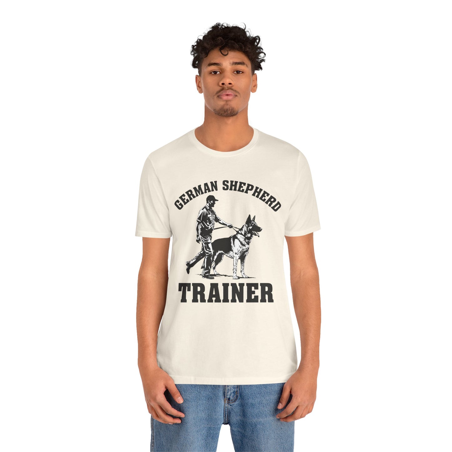 German Shepherd Trainer Tee - Black and White Design of Man Holding a German Shepherd