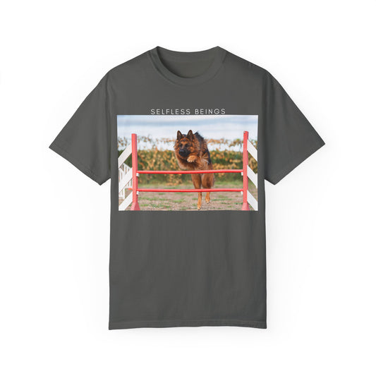 Unisex Dog Lover T-Shirt With a German Shepherd Jumping an Agility Fence Outdoor and Caption Selfless Beings