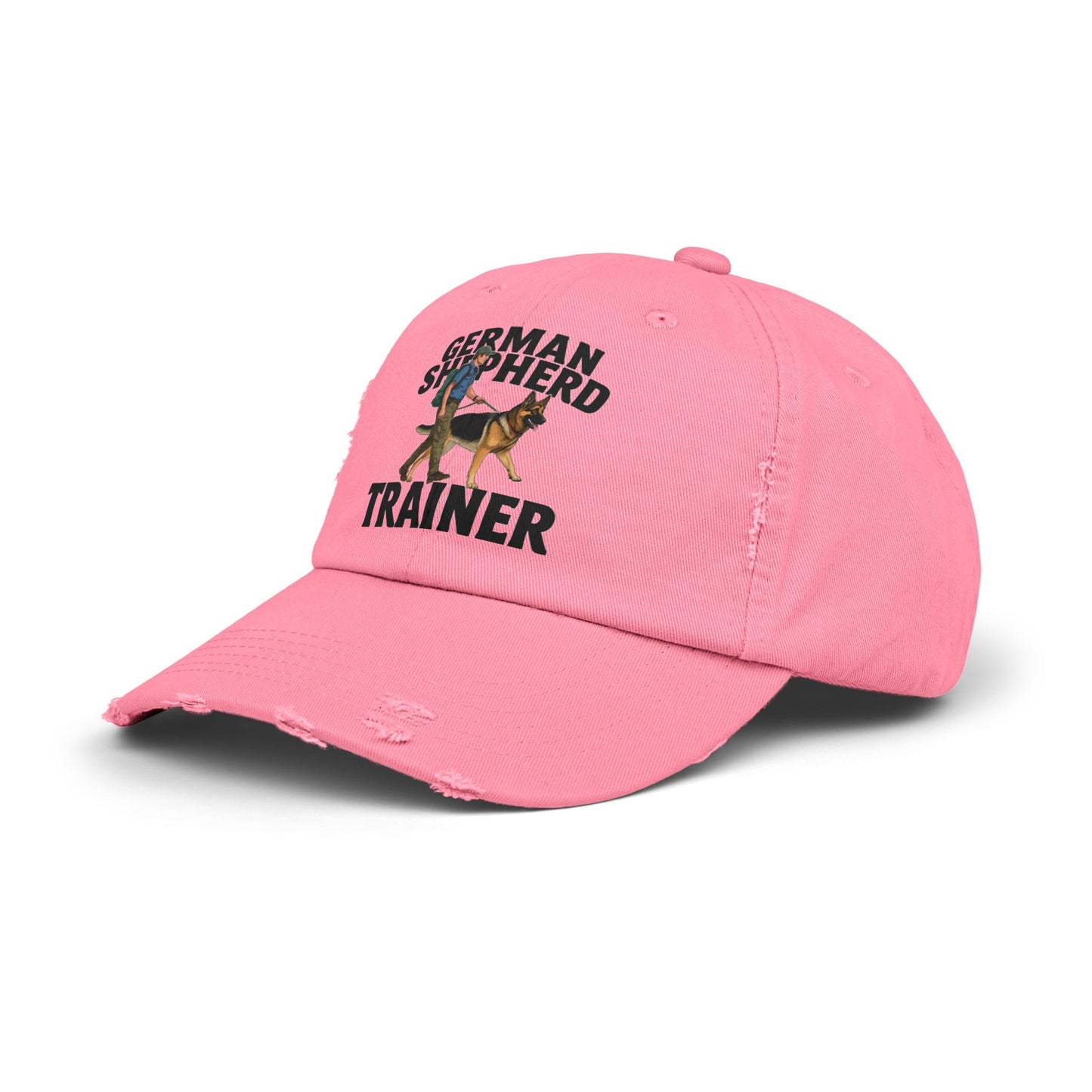 Unisex Distressed Cap Featuring a Trainer Leading German Shepherd, Dog Trainer Gift