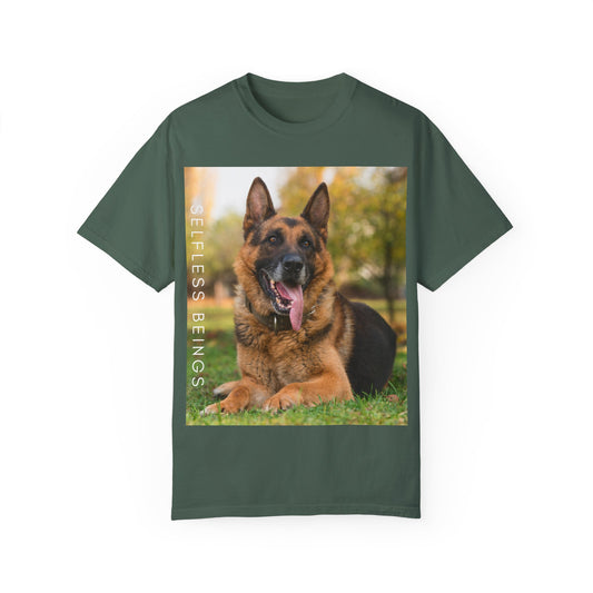Unisex Dog Lover T-Shirt With Giant German Shepherd Relaxing on the Grass Leaving Tongue Out and Caption Selfless Beings
