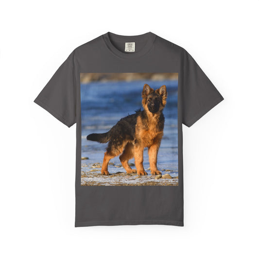 Unisex Dog Lover T-Shirt Featuring Beautiful German Shepherd Puppy Standing at the Sea Shore