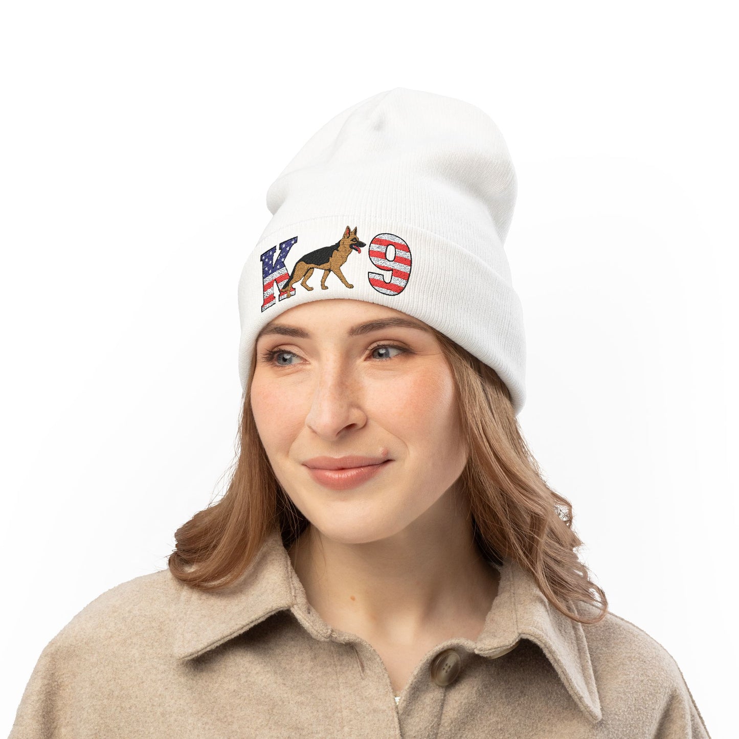 Embroidered K9 American Flag Beanie Featuring a German Shepherd | Patriotic Knit Hat, Memorial Day Cap