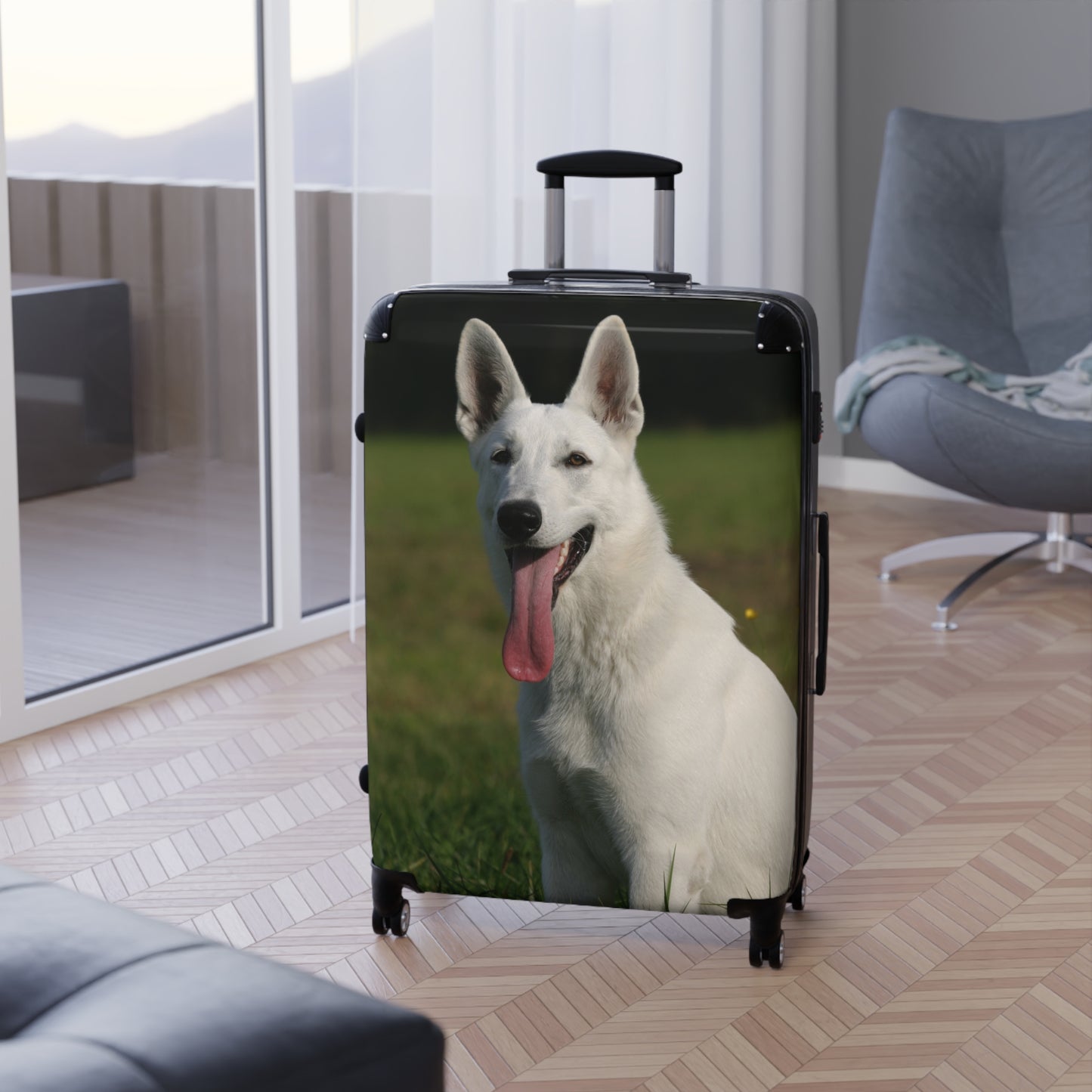 Dog Lover Suitcase Featuring a Giant White German Shepherd Sloppily Sitting on Grass Leaving Tongue Out