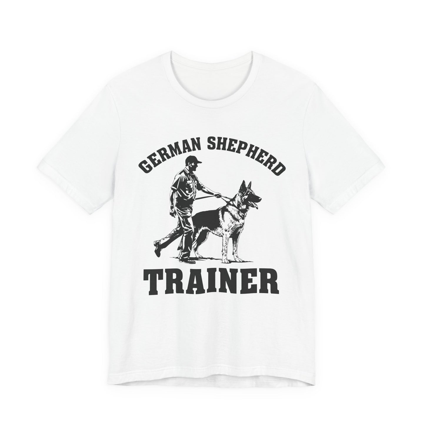 German Shepherd Trainer Tee - Black and White Design of Man Holding a German Shepherd