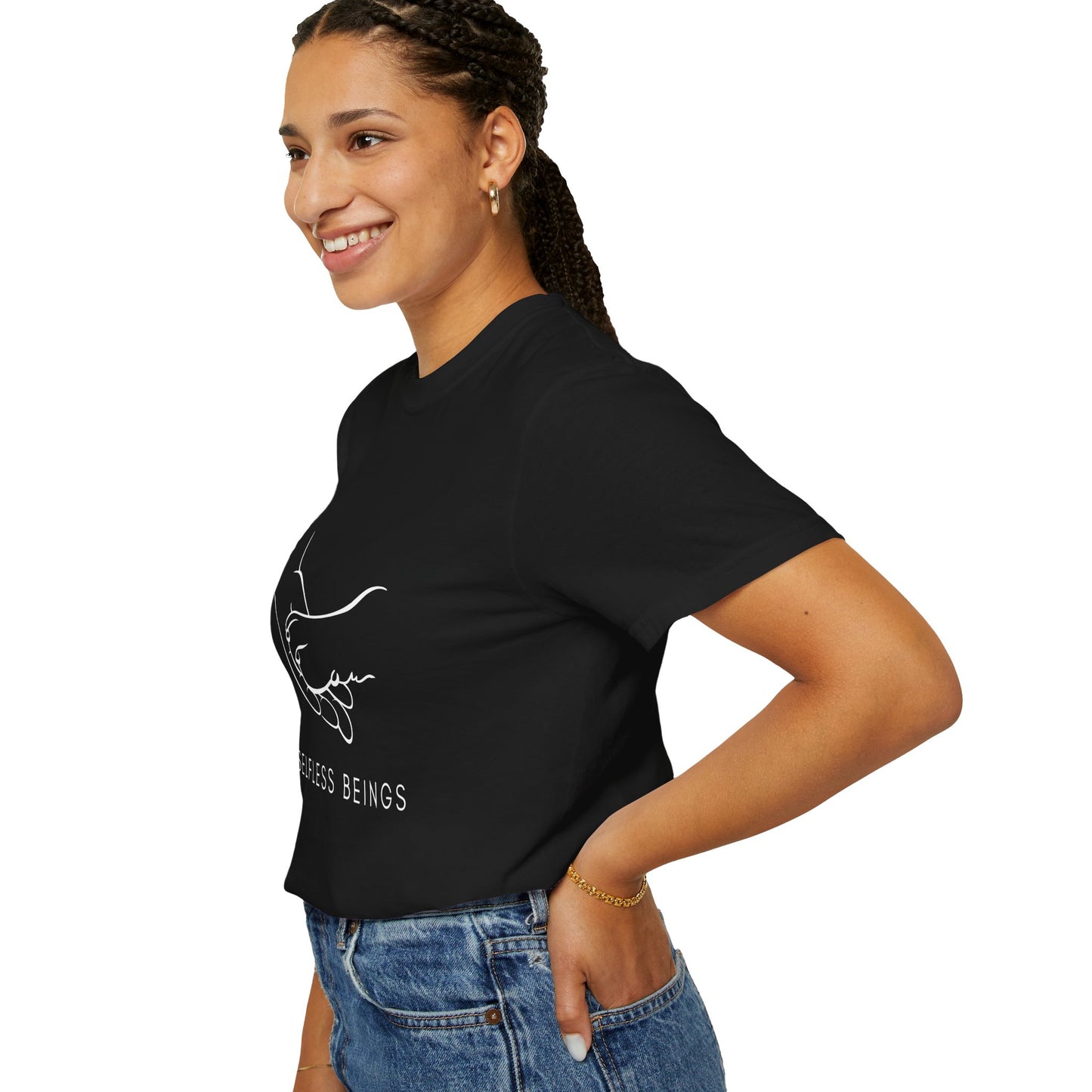 Unisex Dog Lover T-Shirt With Illustration of Dog Paw on Human Hand and Caption Selfless Beings Below