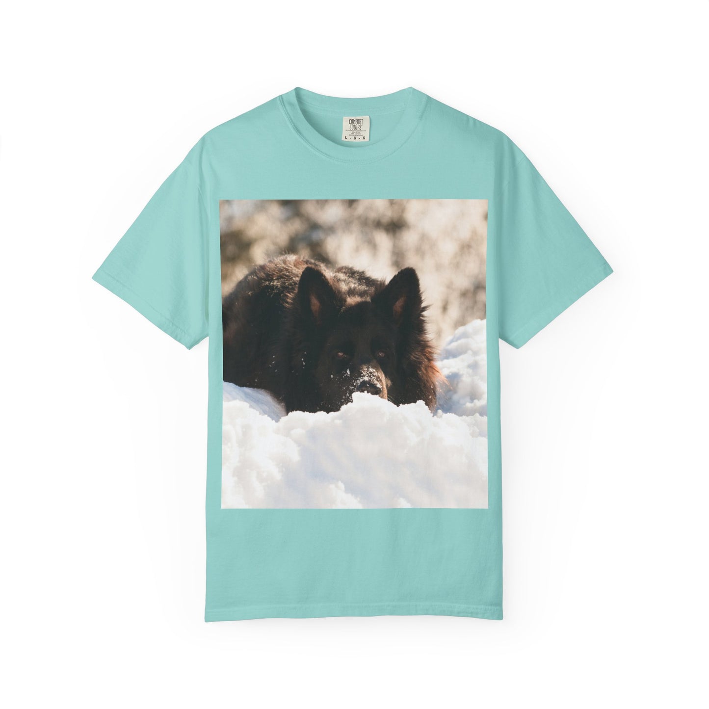 Unisex Dog Lover T-Shirt Featuring a Giant Black German Shepherd Resting on the Snow