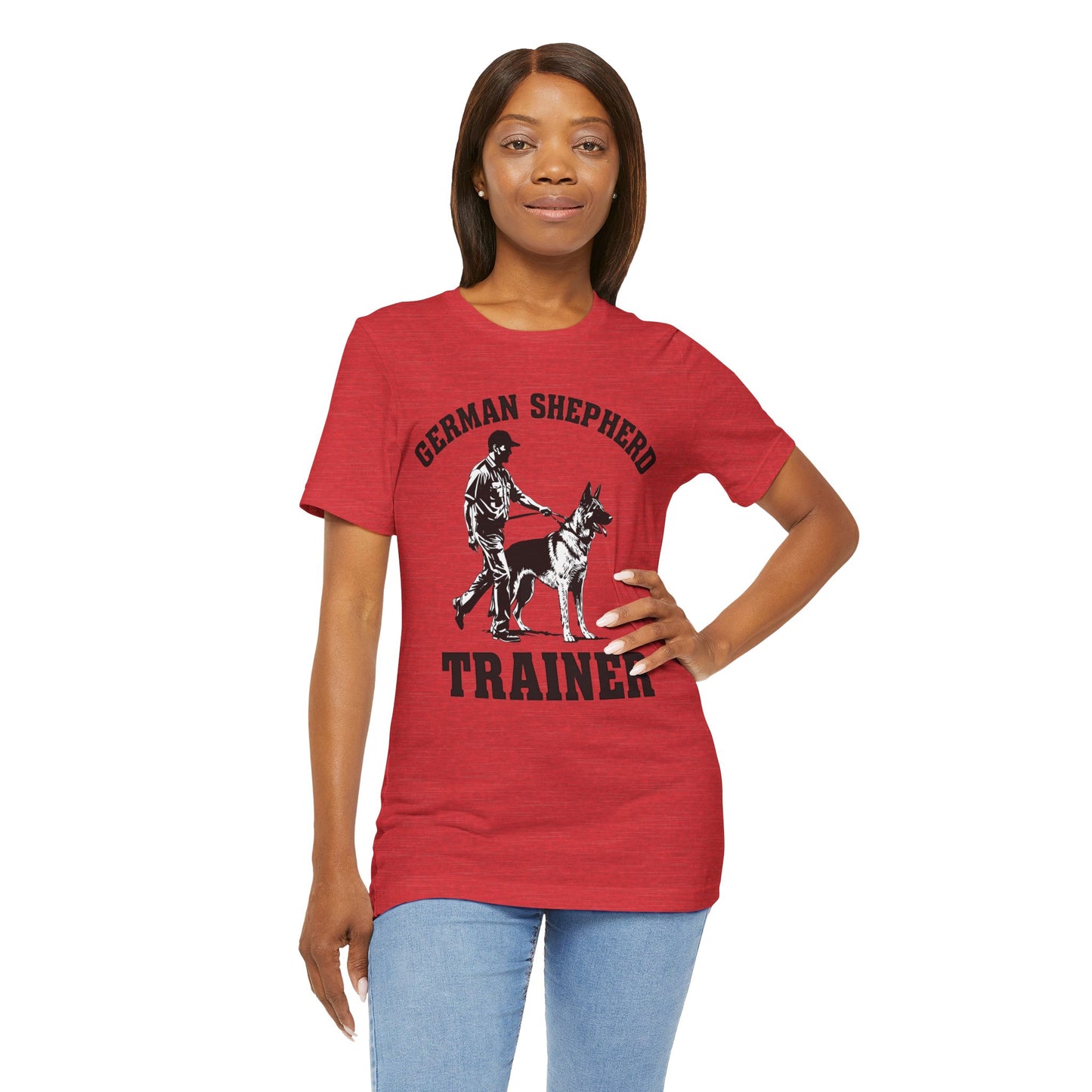 German Shepherd Trainer Tee - Black and White Design of Man Holding a German Shepherd
