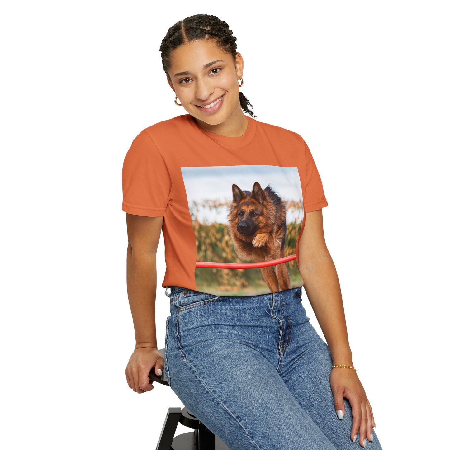 Dog Lover Unisex T-Shirt  Featuring Photograph of Showline German Shepherd Jumping Agility Fence