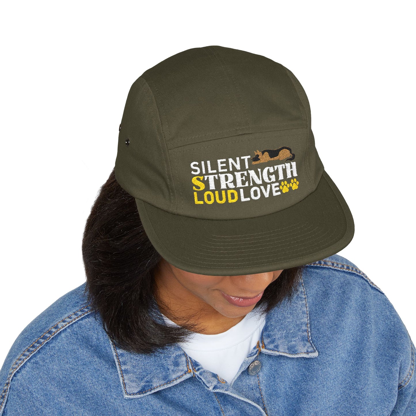 5 Panel Embroidered German Shepherd Cap - Silent Strength, Loud Love