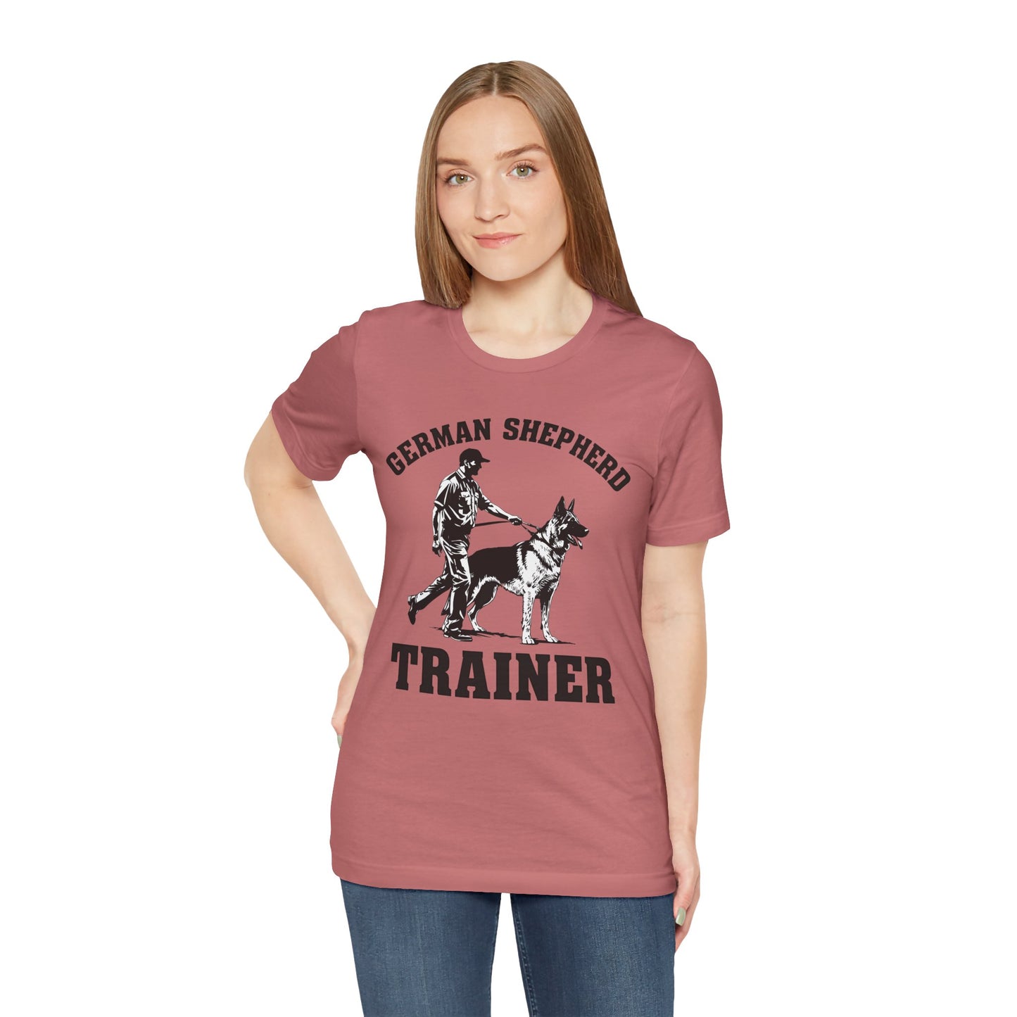 German Shepherd Trainer Tee - Black and White Design of Man Holding a German Shepherd