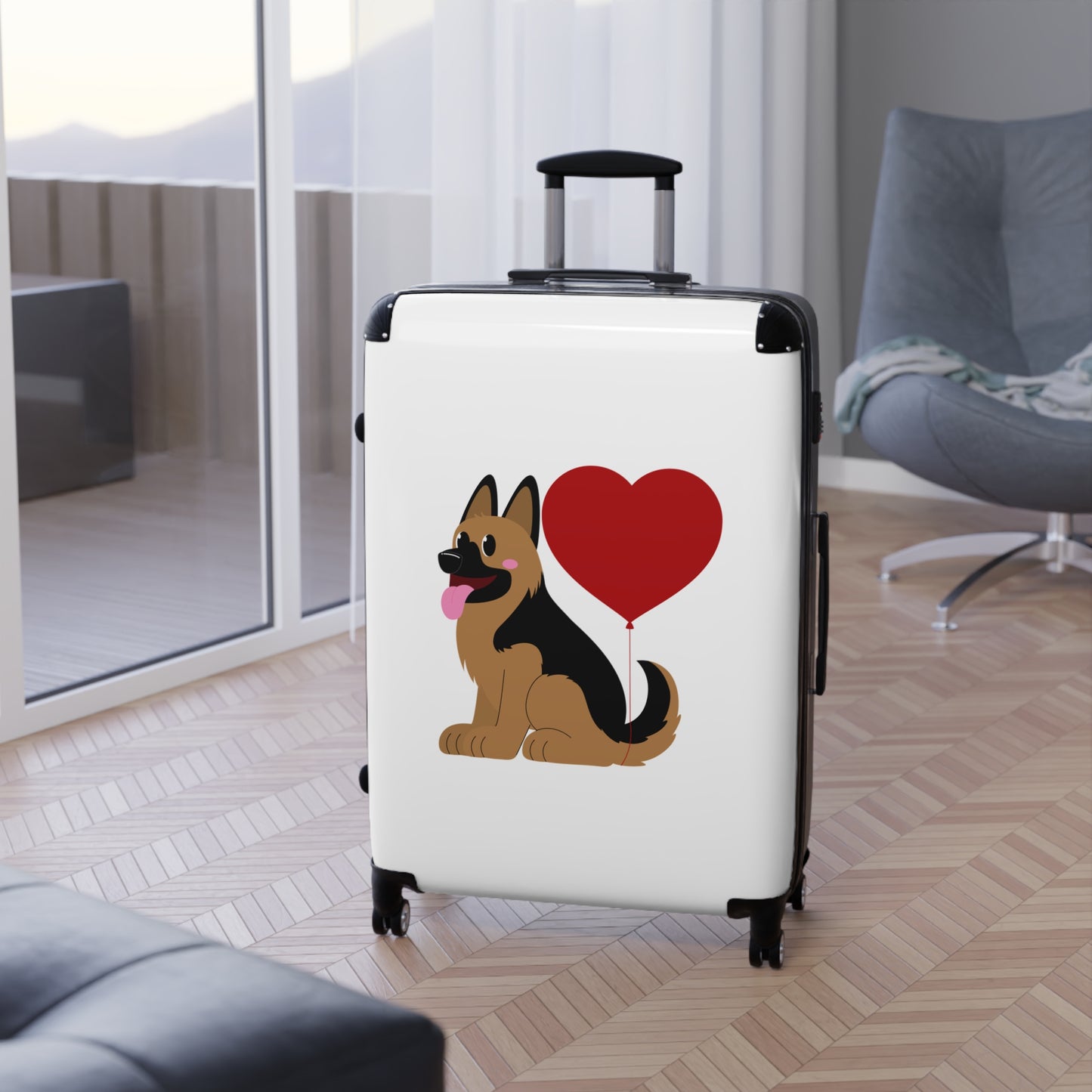 Dog Lover's Suitcase Featuring Graphic of a German Shepherd Puppy and Heart Shaped Balloon Attached to Tail